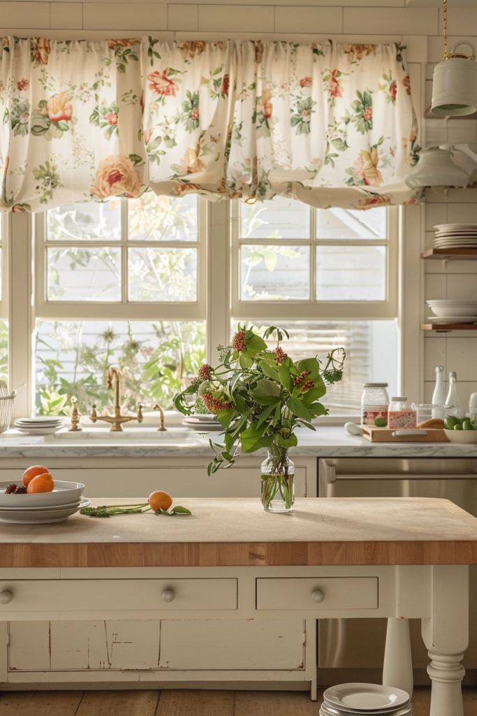 Bright and airy farmhouse kitchen with windows dressed in delicate floral-patterned curtains, adding color and whimsy.