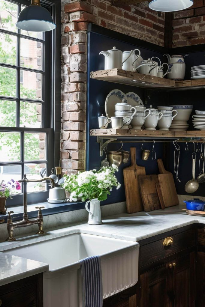 Rustic elegance of a farmhouse kitchen highlighted by timeless white enamelware against dark wood cabinetry.