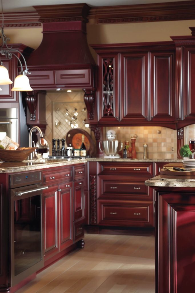 Traditional cherry wood kitchen cabinets with deep red hues and sophisticated design in an elegant kitchen setting.