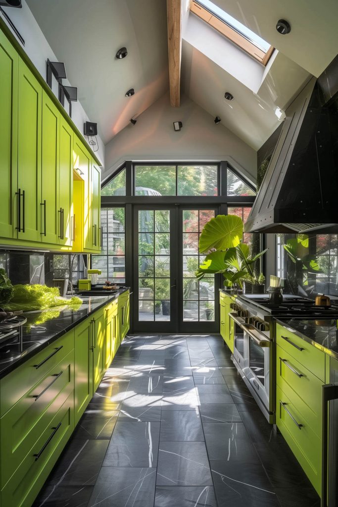 A bold contemporary kitchen with neon green cabinets and polished black surfaces.