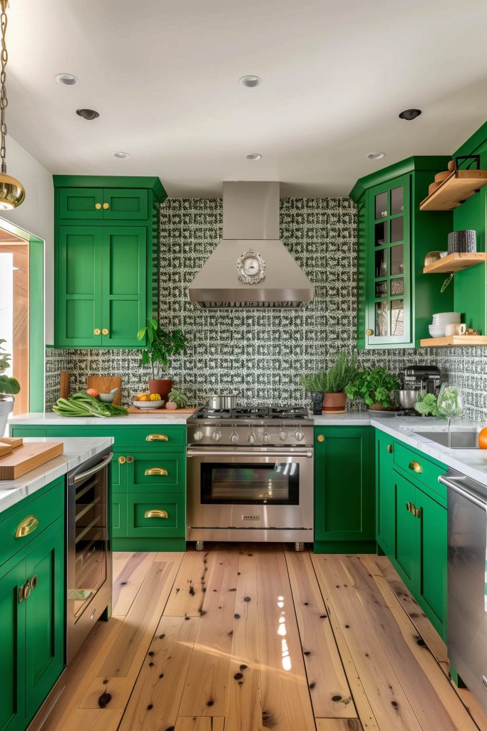 A vibrant kitchen with Kelly green cabinets and monochrome tile patterns.