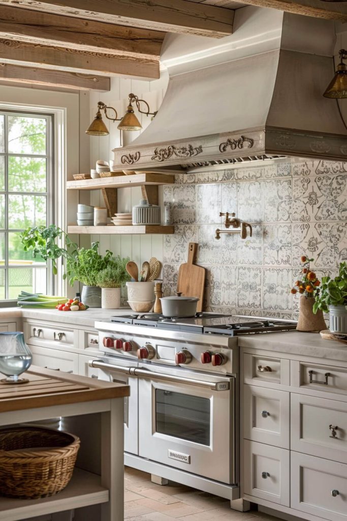 Unique farmhouse kitchen with a backsplash of handmade tiles adding texture and personal touch to the design.