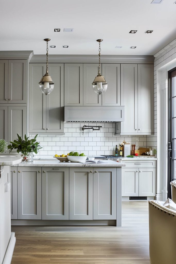 Soft grey kitchen cabinets providing a neutral and elegant base in a contemporary kitchen with white quartz countertops.