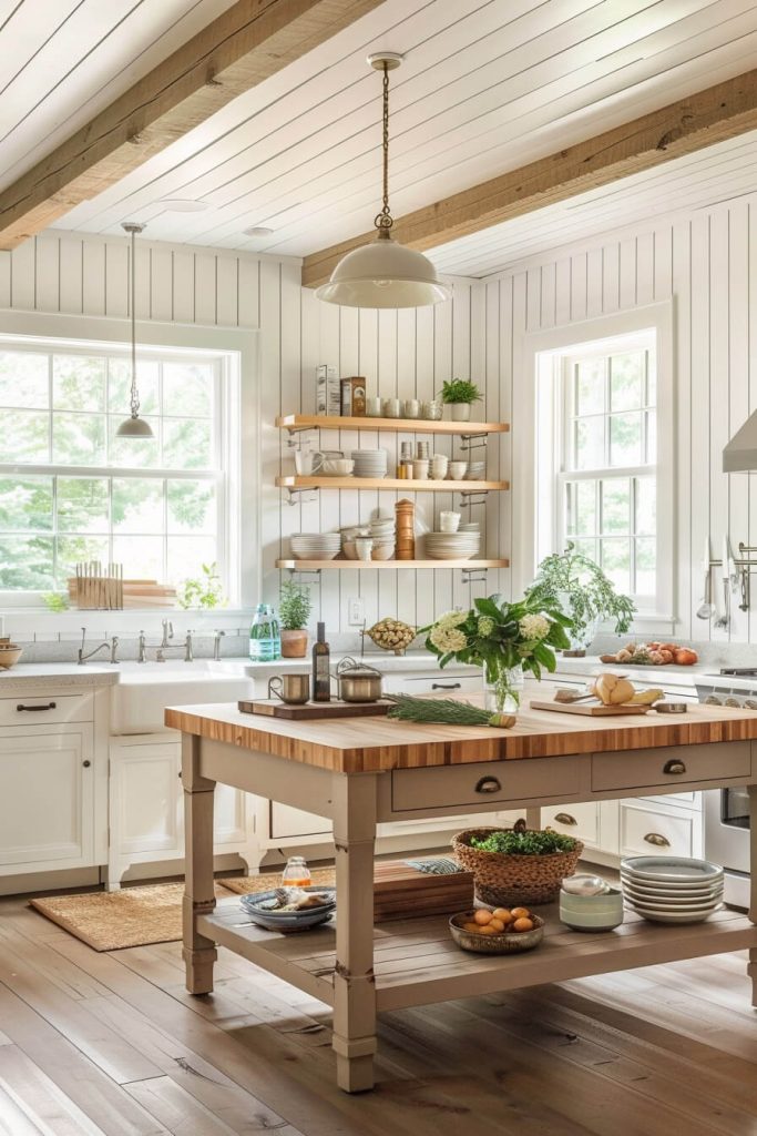 Cozy, cottage-like farmhouse kitchen with a white beadboard ceiling and exposed wooden beams for rustic charm.