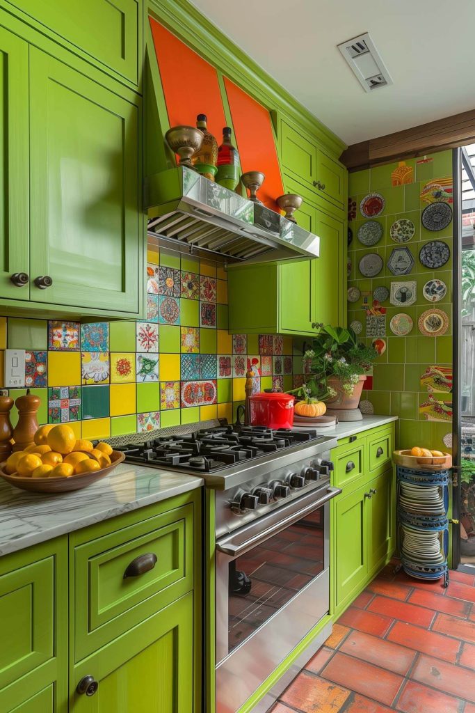 A bold kitchen with bright green cabinets and an eclectic tile backsplash.