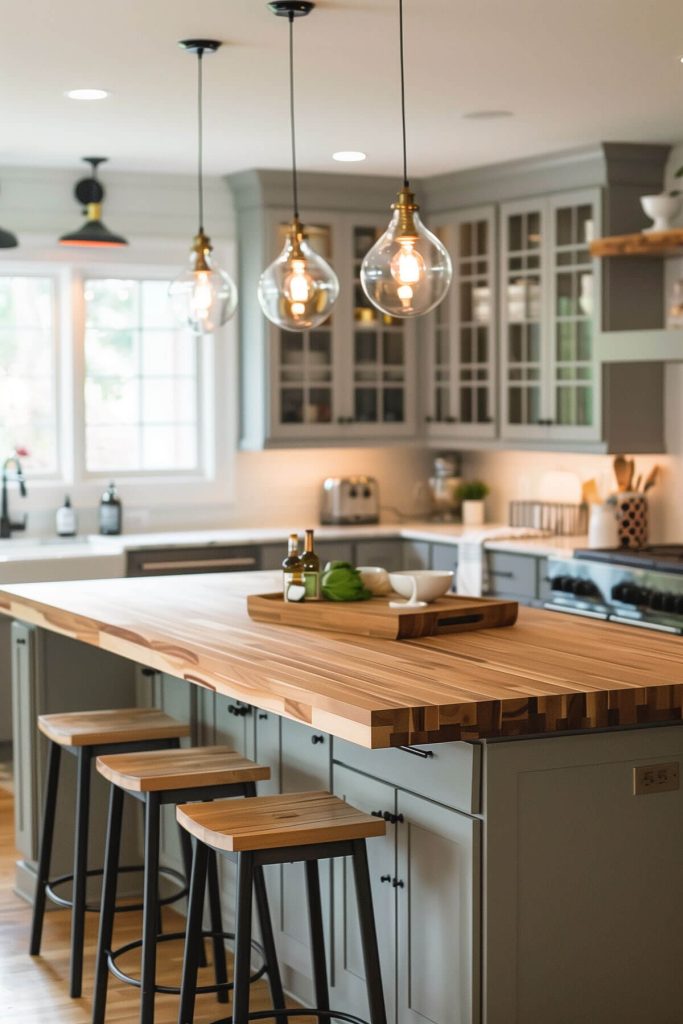 Kitchen featuring butcher block cabinet accents in a modern kitchen with mixed-material cabinets and open shelving.