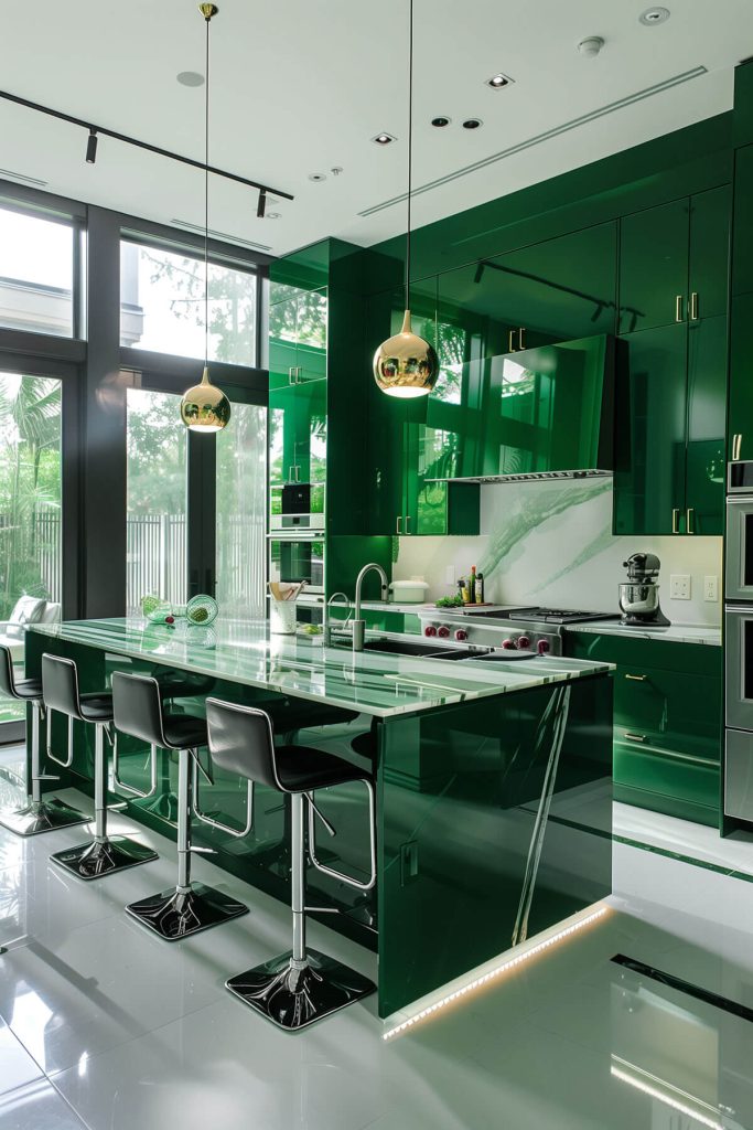 A modern kitchen with dark green cabinets and LED under-cabinet lighting.