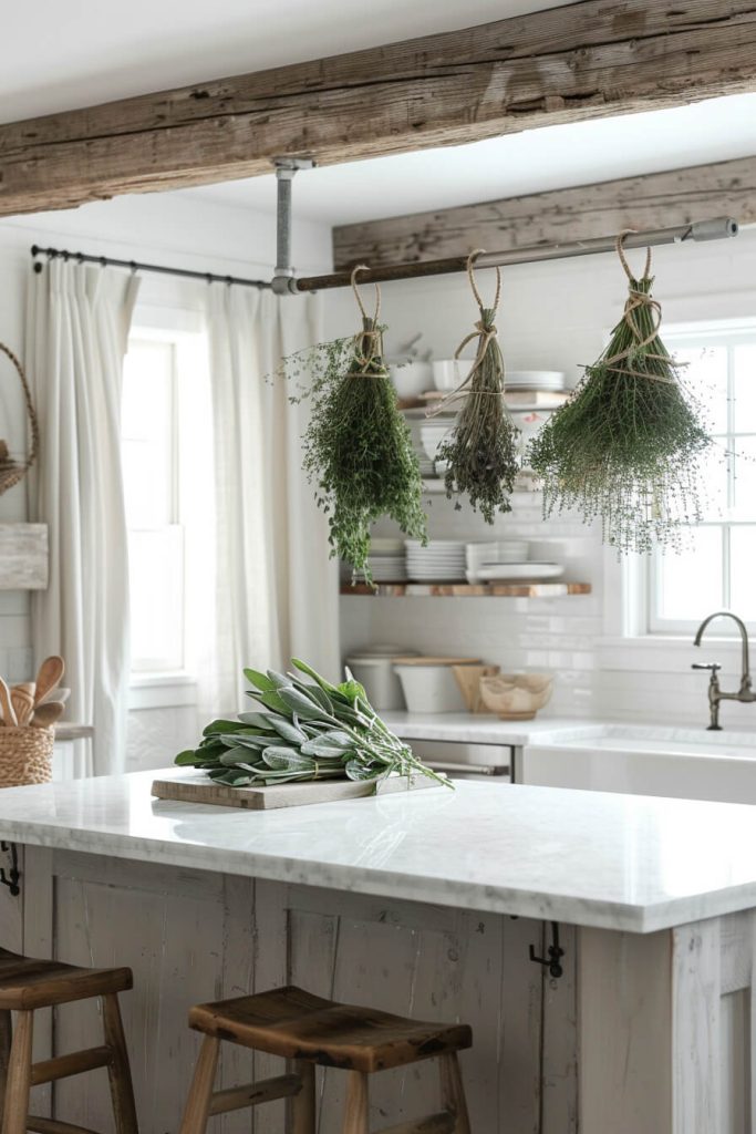 Farmhouse kitchen adorned with hanging herbs, adding fragrance and a touch of greenery to the rustic decor.