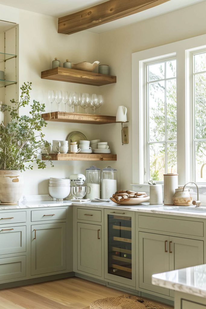 A farmhouse kitchen blending sage green cabinets with natural wood.