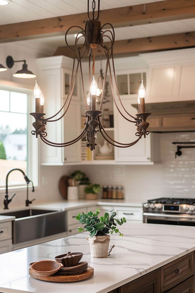 Vintage lighting fixtures, including weathered metal pendants, casting a rustic glow over a wooden farmhouse kitchen island.
