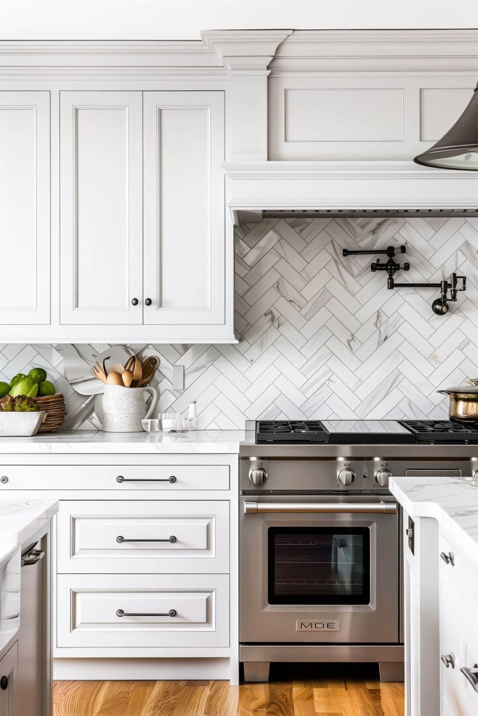 Crisp white shaker cabinets complemented by a luxurious marble herringbone backsplash.