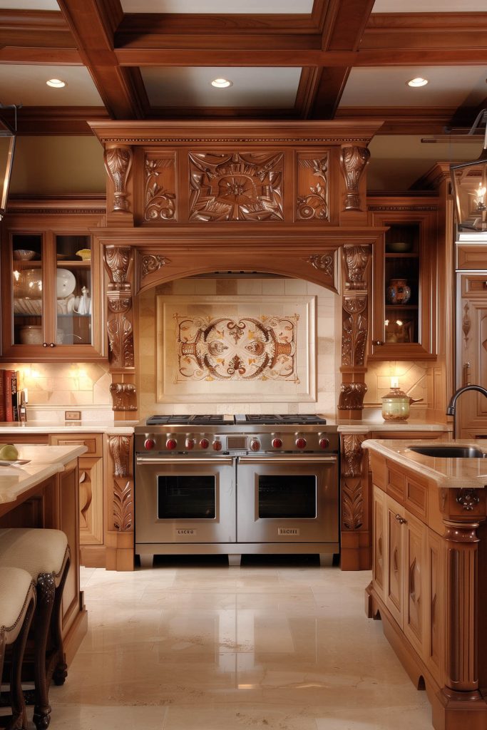 Warm wood kitchen cabinets showcasing natural grain, paired with stone countertops in a cozy, well-lit kitchen