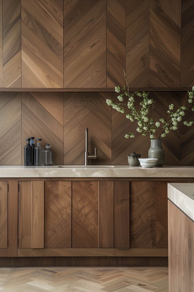 Herringbone pattern cabinet details adding texture and visual interest in a modern kitchen with navy cabinets and minimalist decor.