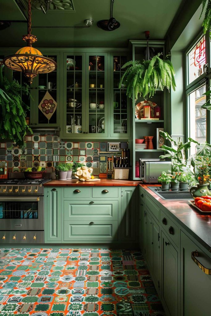 A dynamic kitchen with subdued green cabinets and bold patterned flooring.