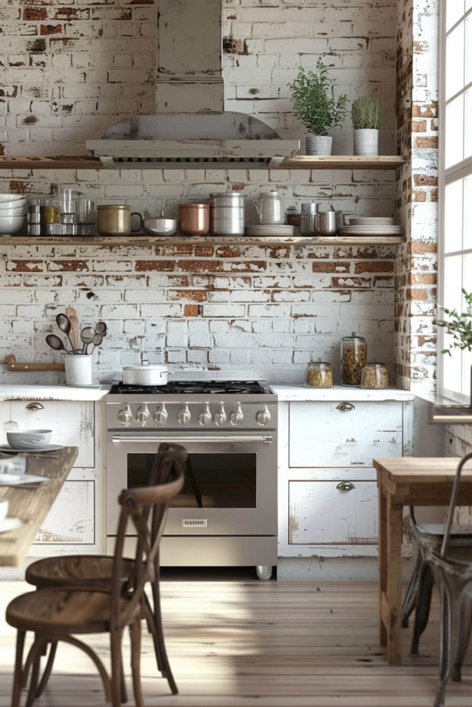 Light and rustic elegance of a farmhouse kitchen with whitewashed brick walls, blending textures and eras.