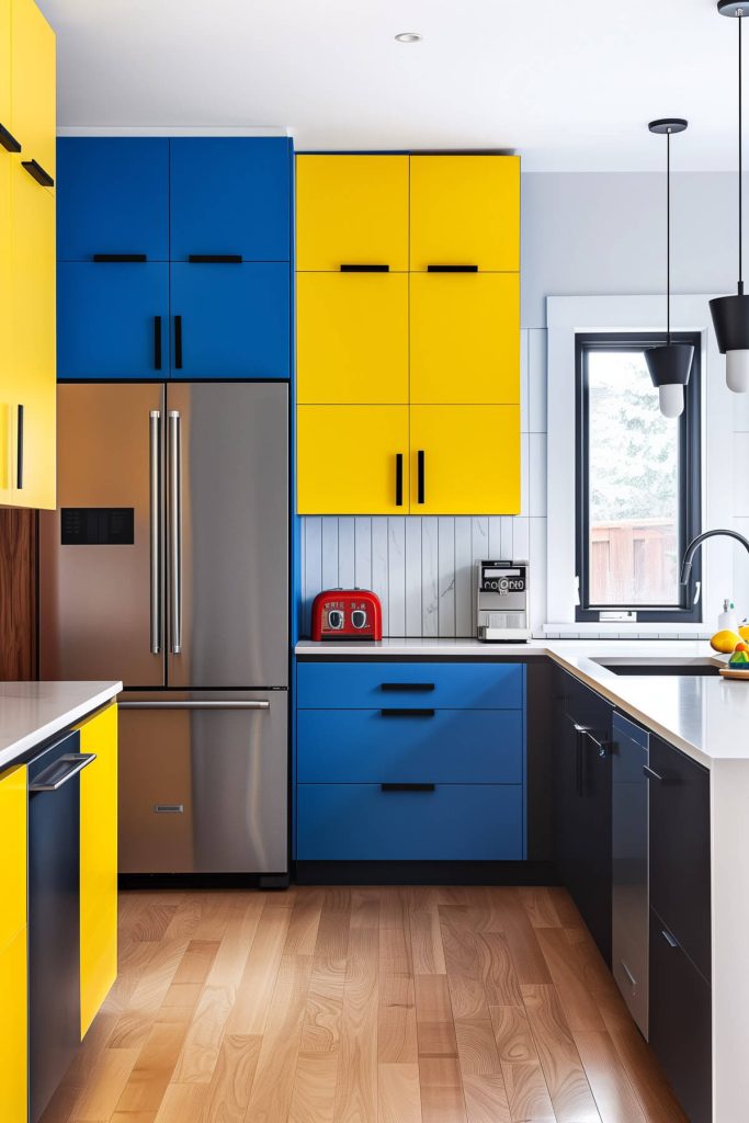 Color-blocked kitchen cabinets in bold blue and yellow sections, creating a dynamic and playful modern kitchen environment.