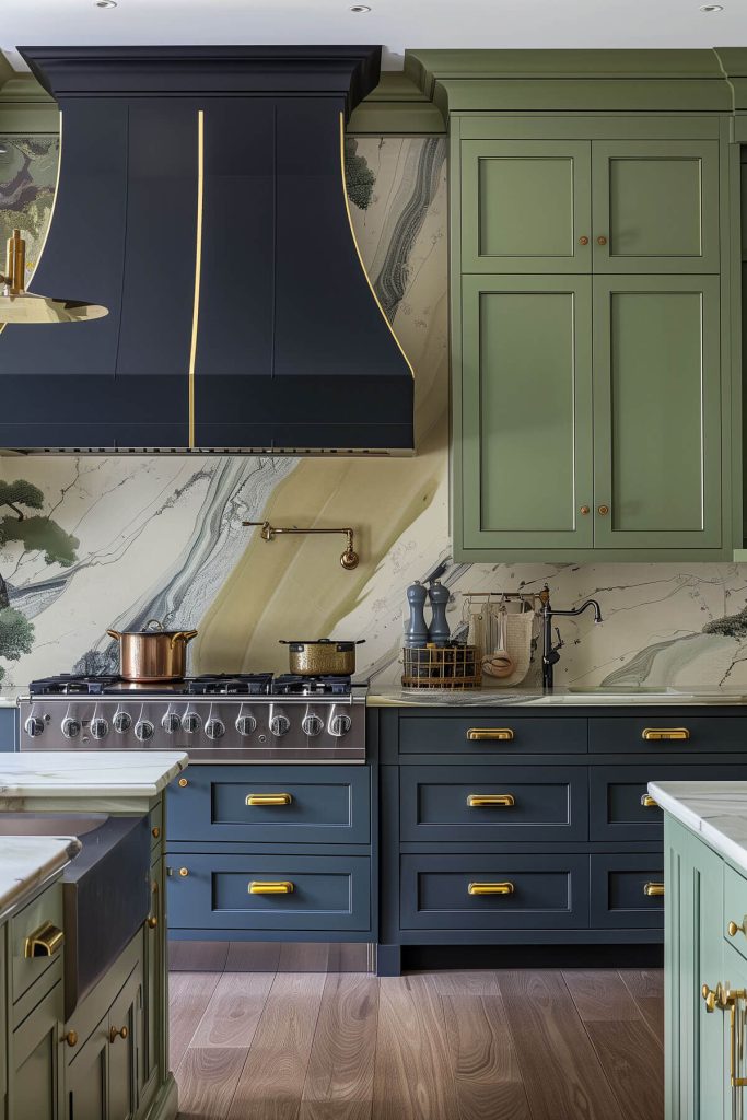 An elegant kitchen with two-tone green and navy-blue cabinets and marble countertops.