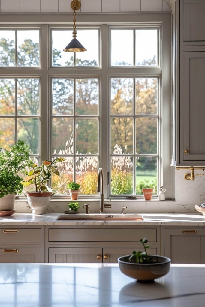 Farmhouse kitchen illuminated by a large picture window, blending interior design with picturesque outdoor landscapes.