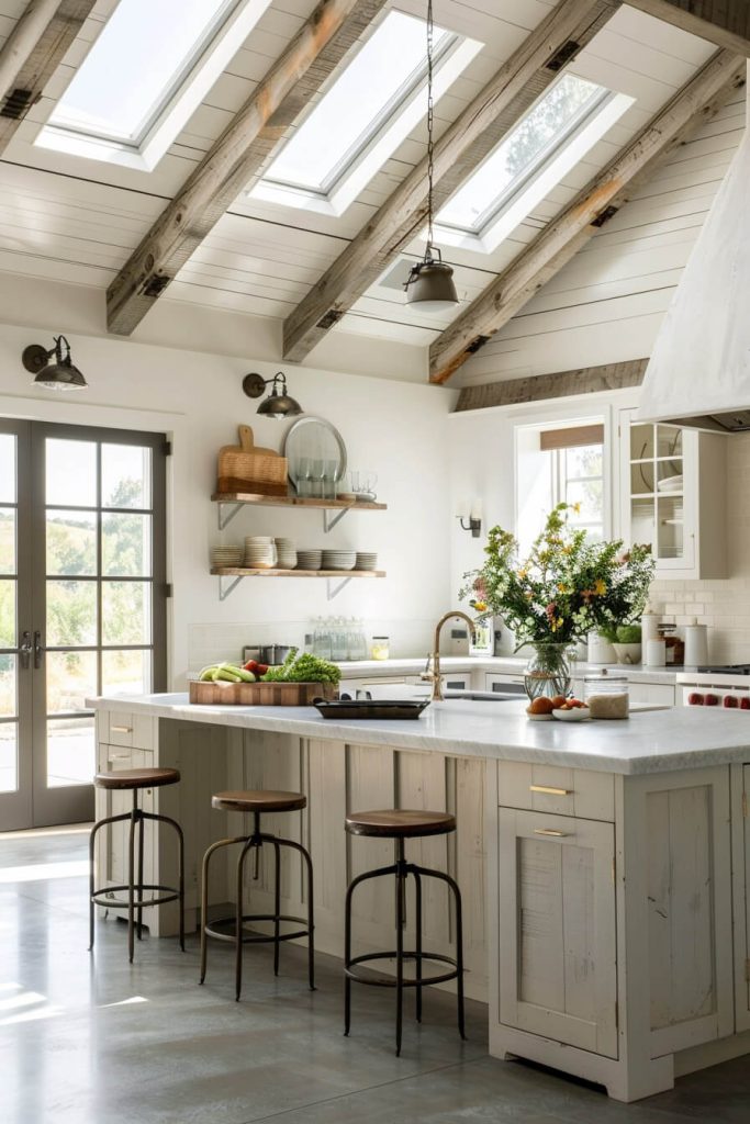 Farmhouse kitchen featuring a statement piece wall-mounted faucet against handcrafted tilework, blending rustic with industrial chic.
