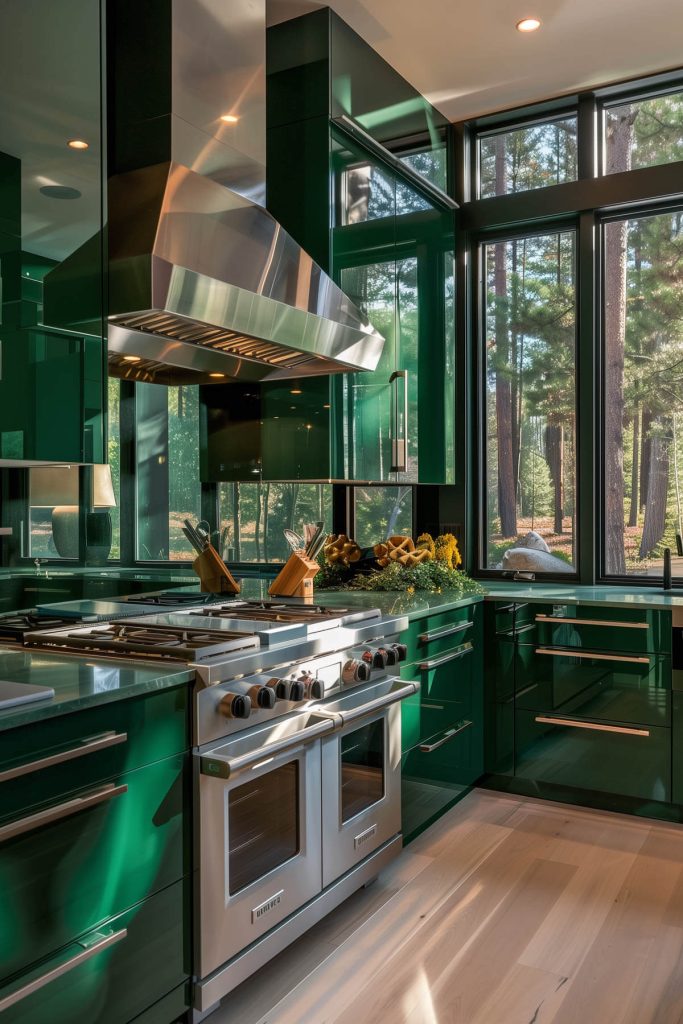 A chic kitchen featuring bold forest green cabinets and stainless steel appliances.