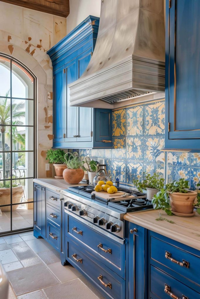 Mediterranean blue kitchen cabinets evoking a serene coastal atmosphere in a bright kitchen with natural light and simple decor.