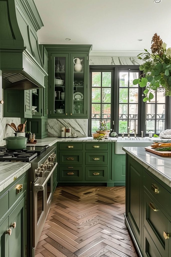 A traditional kitchen with classic green cabinets and vintage brass handles.