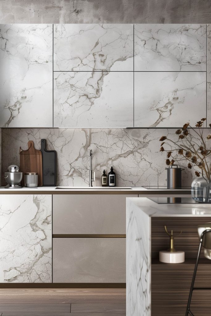 Luxurious marble-finished kitchen cabinets in a high-end kitchen with dramatic marble countertops and sophisticated decor.