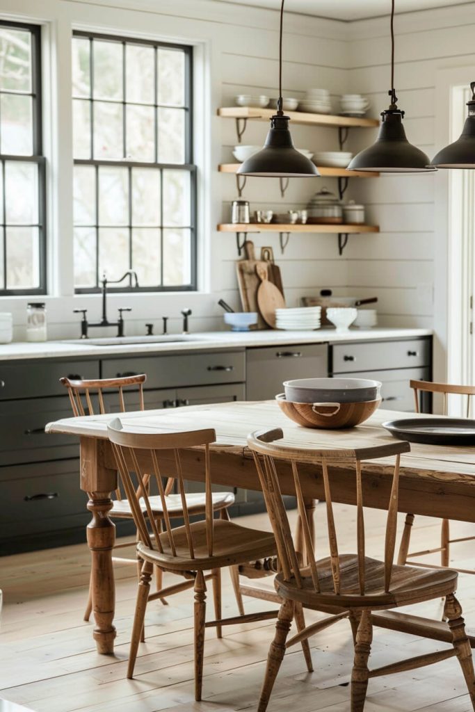 Timeless elegance of spindle-back chairs in a farmhouse kitchen, surrounding an antique table set against a modern backdrop.
