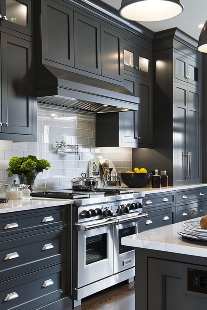 Charcoal grey kitchen cabinets offering a dramatic flair in a sophisticated kitchen with light grey countertops and modern aesthetics.