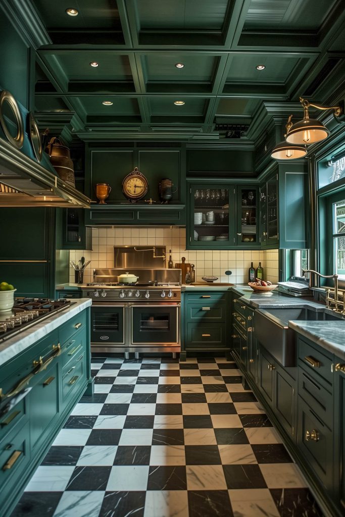 A classic kitchen with deep green cabinets and checkerboard flooring showcases timeless elegance in home decor.