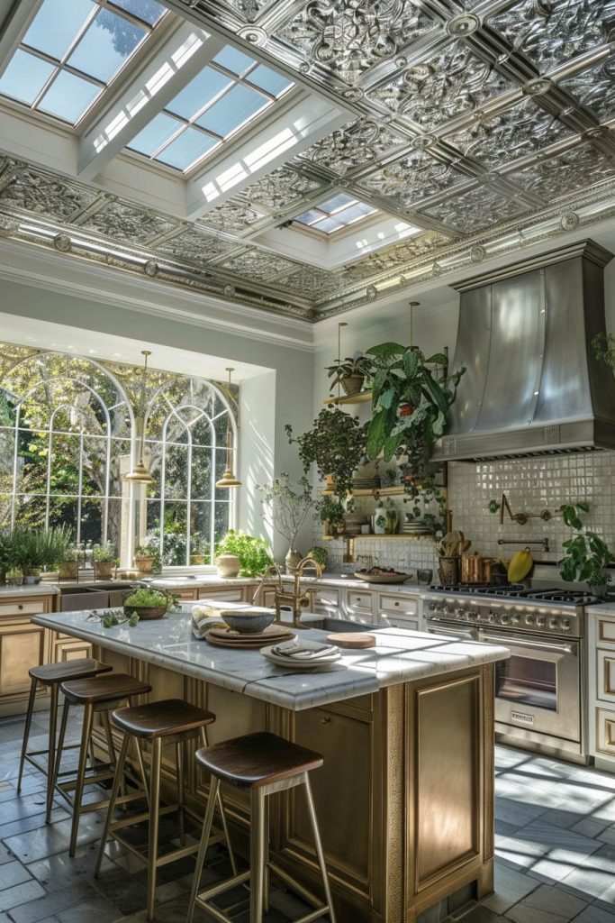 Farmhouse kitchen integrating tin ceiling tiles as a key design element, adding texture and sophistication to the rustic space.