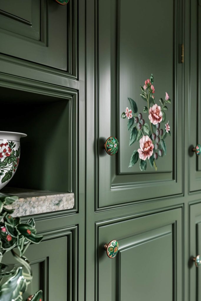 A bespoke kitchen with green cabinets and handmade ceramic knobs