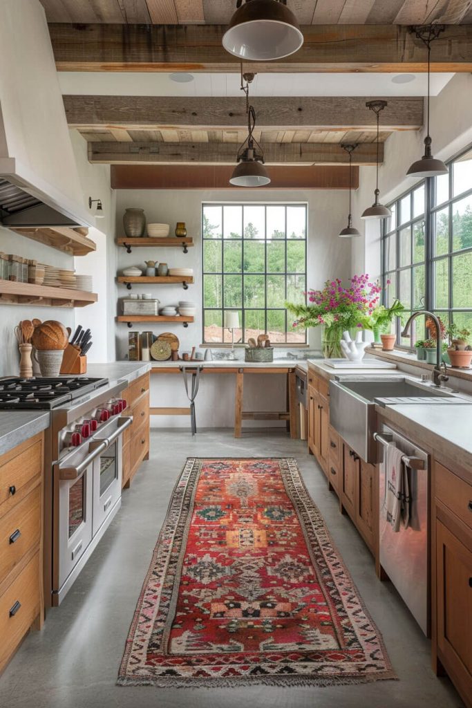 Vibrant and stylish farmhouse kitchen enlivened by a colorful runner rug, adding a splash of color against polished concrete floors.