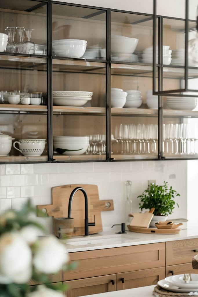 Open frame kitchen cabinets in a minimalist kitchen with glass inserts and light wood or metal frames, displaying stylish dishware.