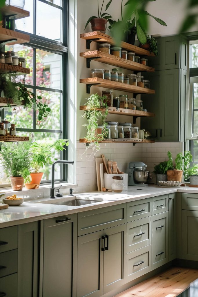 An inviting kitchen with olive green cabinets and reclaimed wood open shelving.