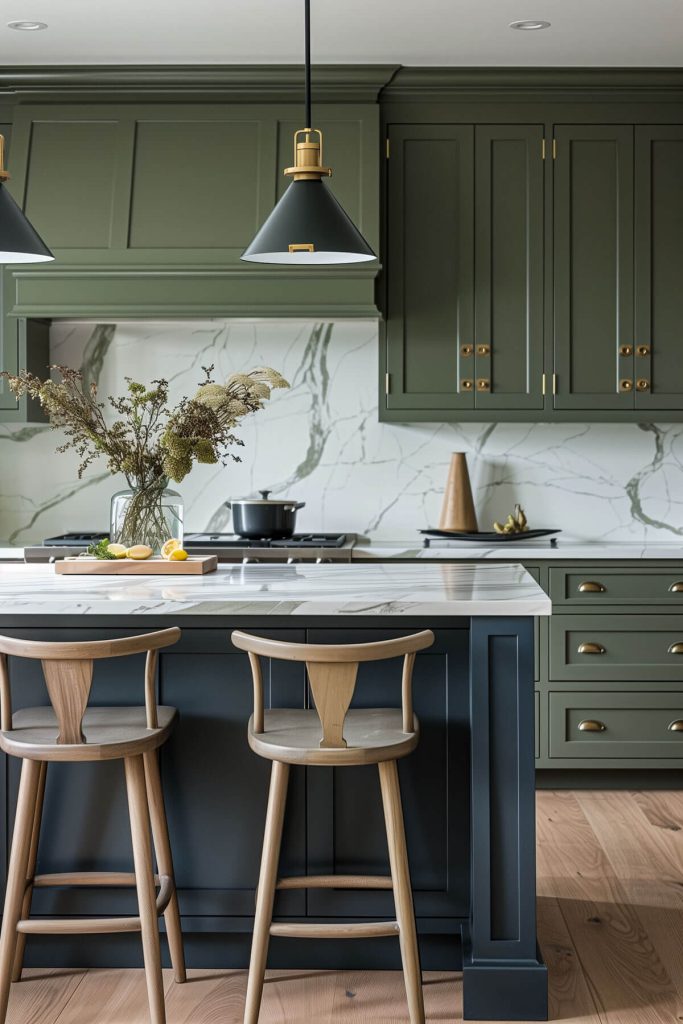 A kitchen with muted green cabinets and a contrasting navy blue island base.