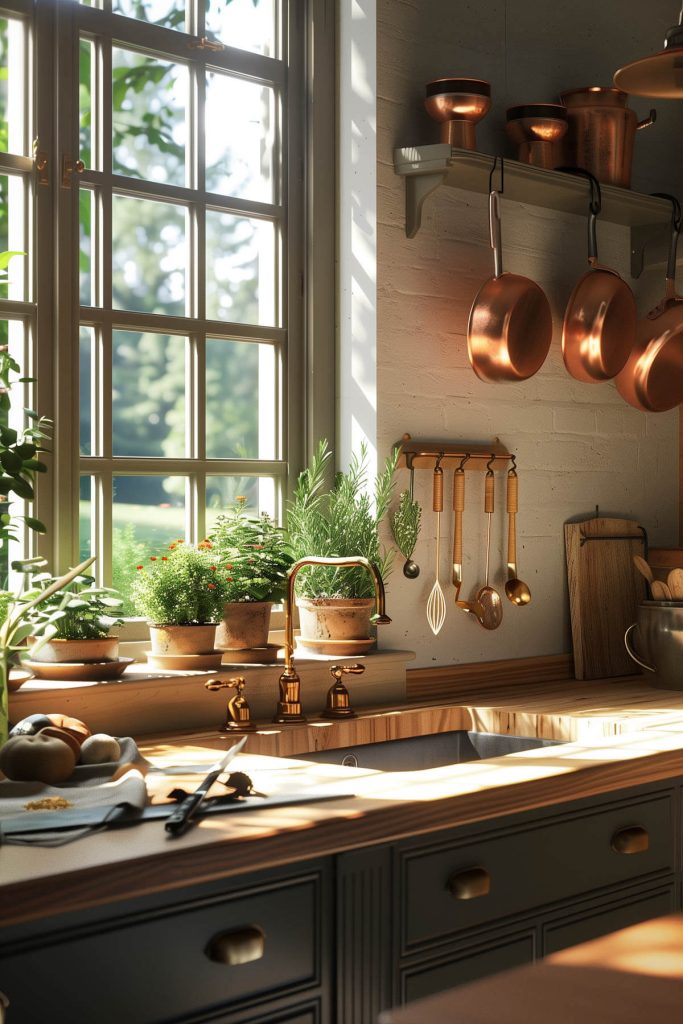 Warm butcher block countertops adding organic warmth to a farmhouse kitchen with soft, natural lighting.