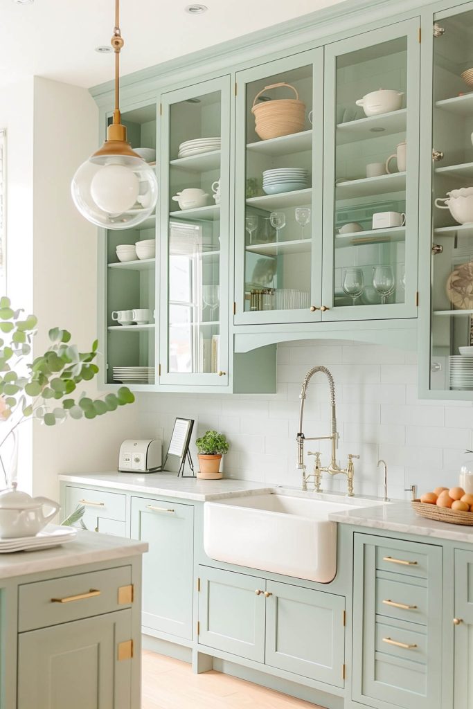 Elegant glass front kitchen cabinets displaying fine dishware, set in a kitchen with marble countertops and sophisticated decor.