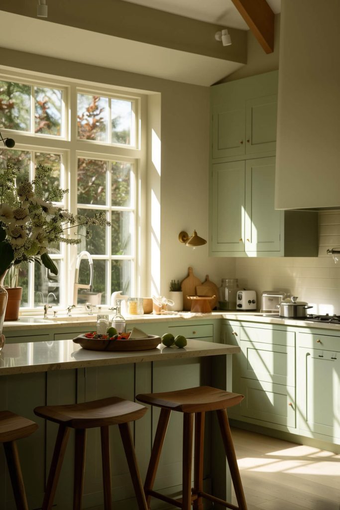 A Scandinavian minimalist kitchen with soft green cabinetry and wooden furniture.