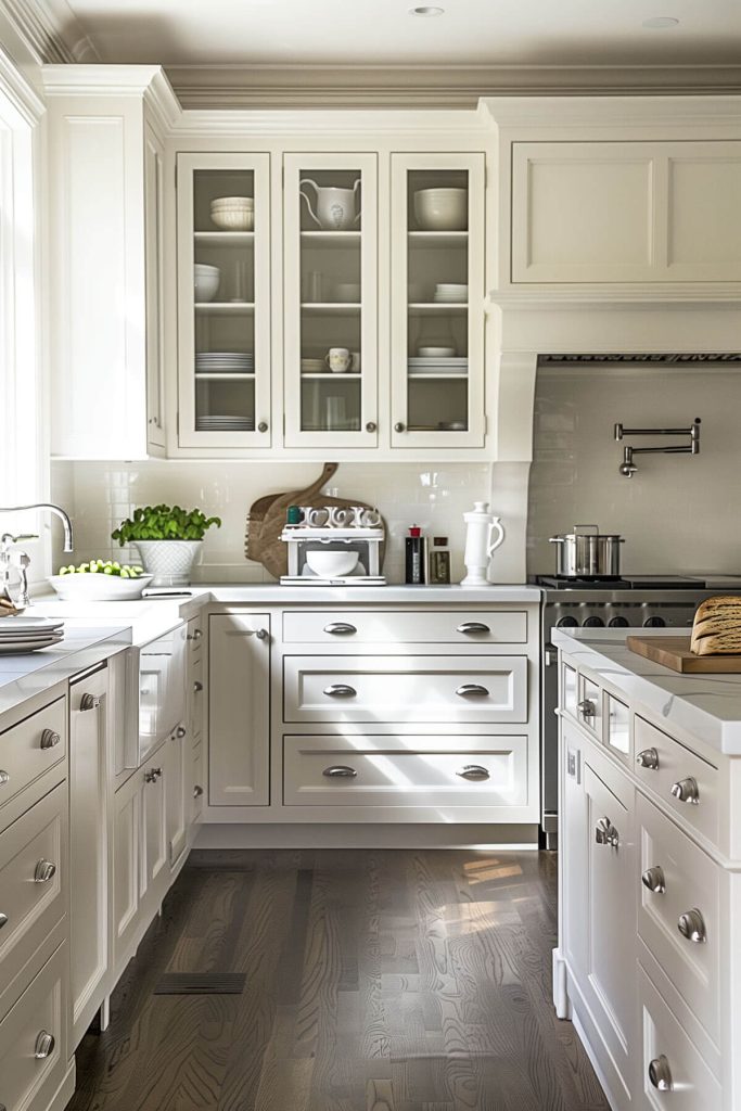 Modern white kitchen cabinets with stylish glass door accents for a transparent look.