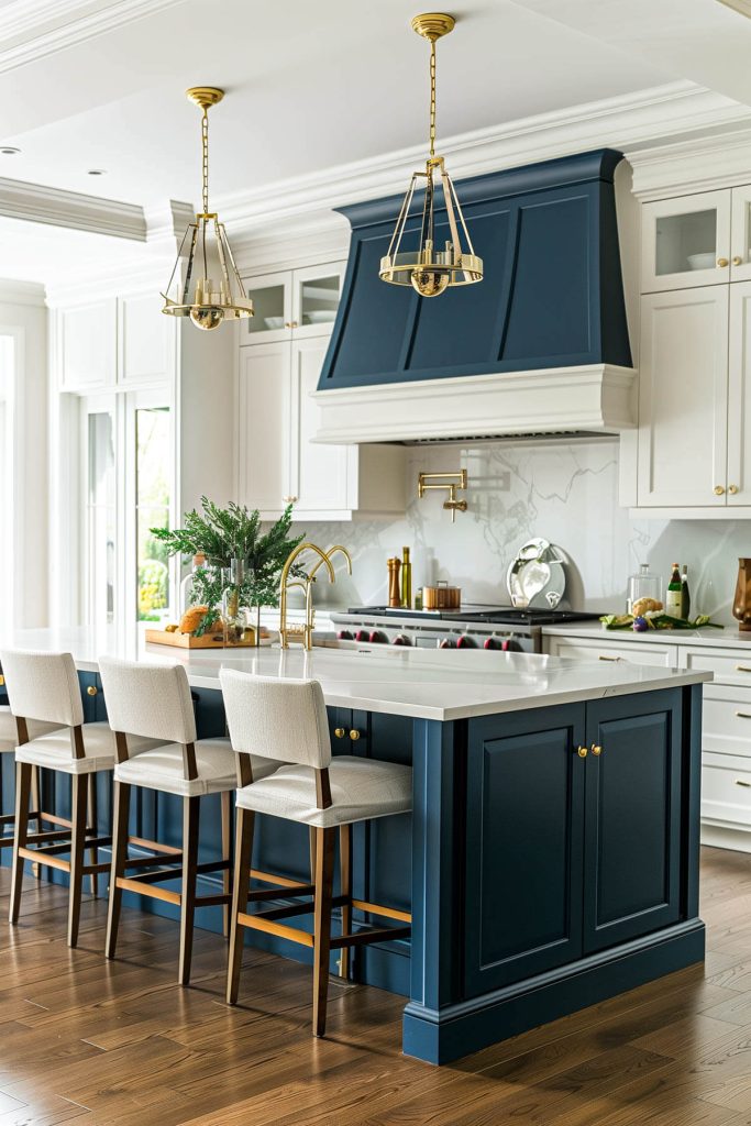 Classic white kitchen cabinetry paired with a navy-blue island centerpiece.