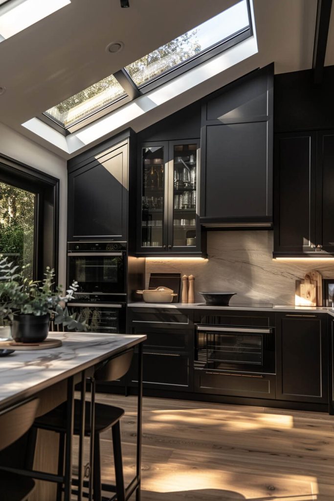 Sleek matte black kitchen cabinets in a contemporary kitchen with white countertops and minimalistic hardware.