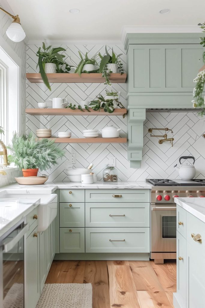 A fresh kitchen mixing mint green cabinetry with white marble countertops.