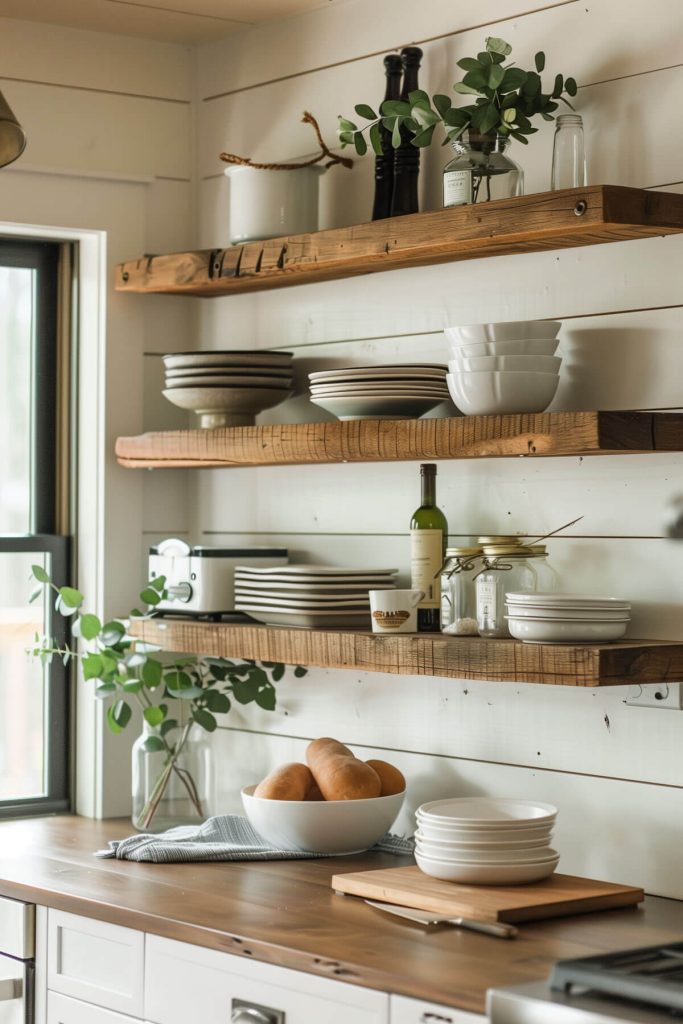 Farmhouse kitchen with open shelving displaying vintage china and glass jars, bathed in gentle sunlight.