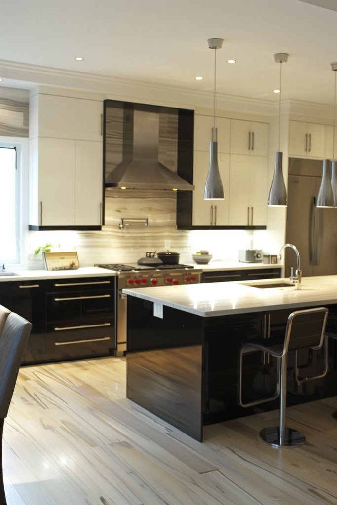 Stylish two-tone kitchen cabinets with navy lower and white upper units, accented with modern handles and a wood countertop.