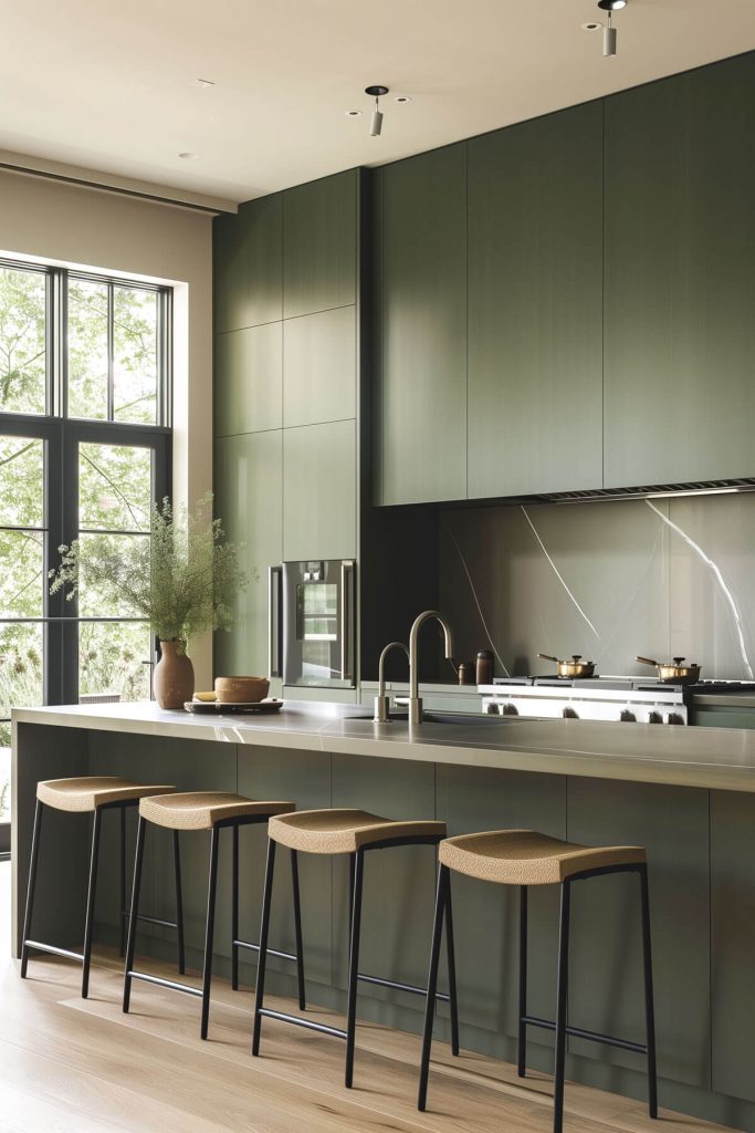 A modern kitchen with matte green cabinets and brushed silver accents.