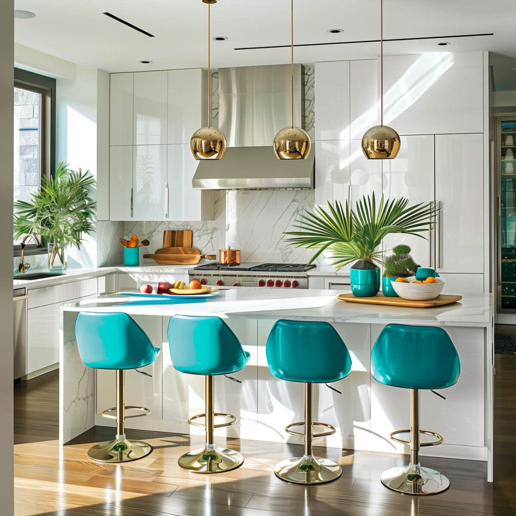 Bright white kitchen cabinets accented with vibrant teal bar stools for a pop of color.
