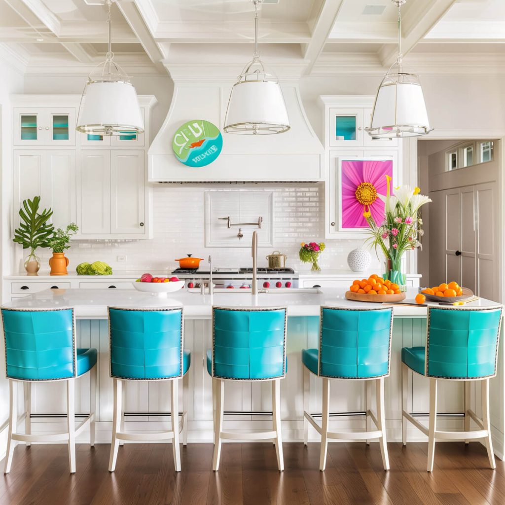 Bright white kitchen cabinets accented with vibrant teal bar stools for a pop of color.