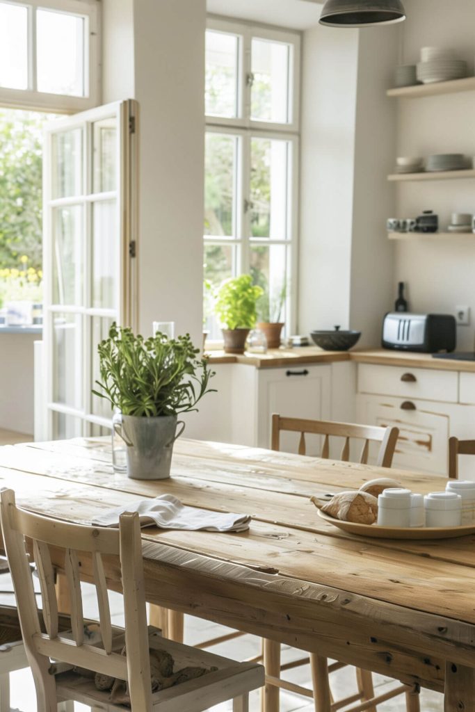 Large, sturdy farmhouse table centered in a kitchen, surrounded by natural light and rustic decor.