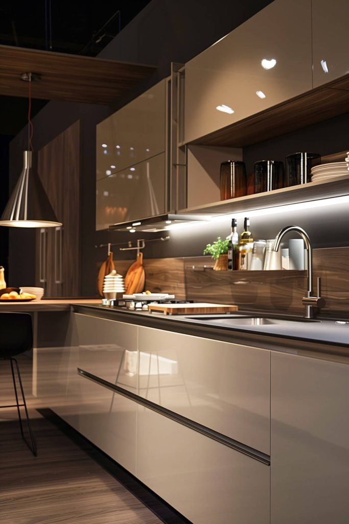 Minimalist floating kitchen cabinets in a clean white finish, enhancing the modern aesthetic of a spacious kitchen.